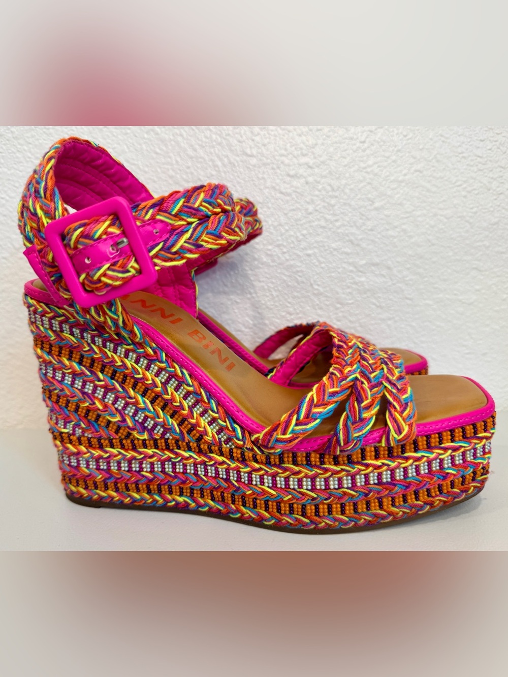 Gianni Bini Santi Festival Rainbow Beaded Braided Platform Espadrille Wedges 10
